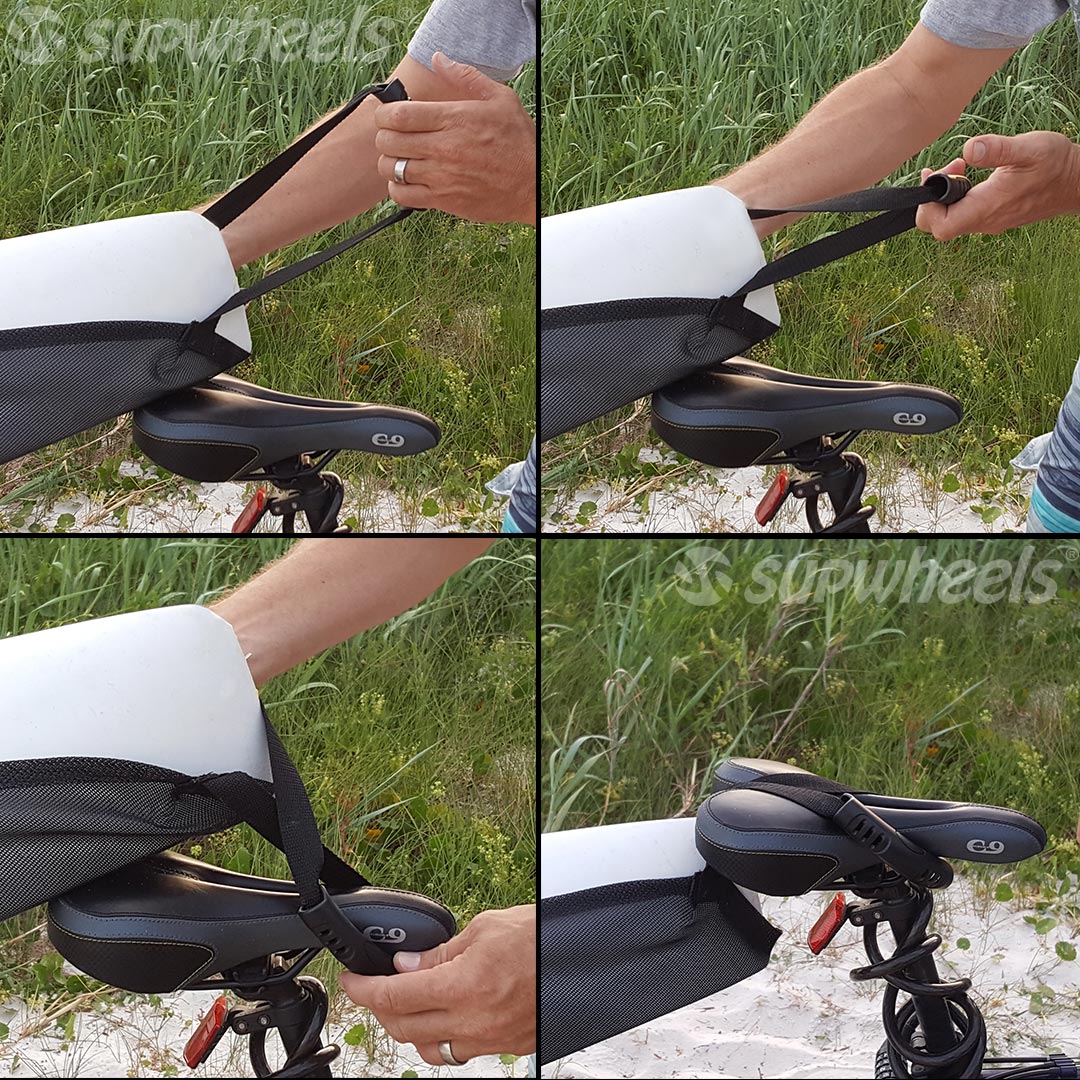 SUP Wheels Evolution paddle board bike trailer.These are the four steps to put the SUP Wheels strap handle onto a bike seat. 